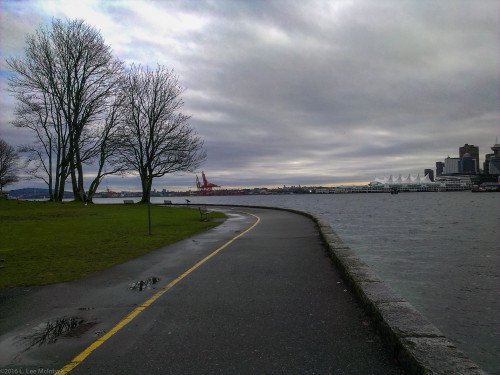 Walking towards Hallelujah Point, Stanley Park, Vancouver, with Harbour cranes in the distance