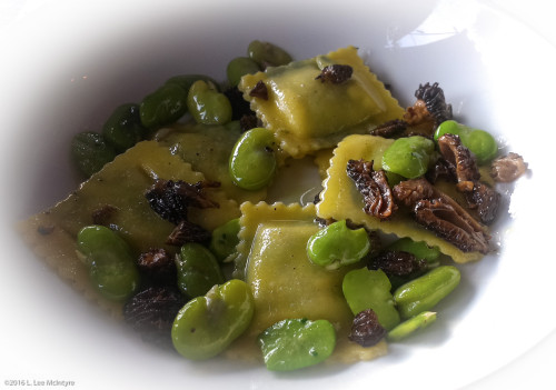 Ramp ravioli with fava beans and sun-dried tomatoes 